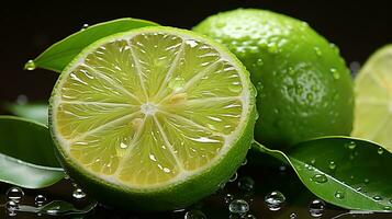 AI generated Lime Citrus Fruits. Close up shot of wet limes. Created with Generative AI photo