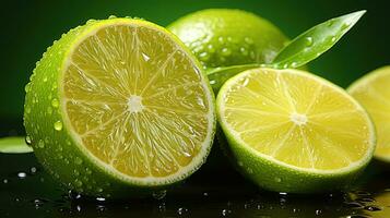 AI generated Lime Citrus Fruits. Close up shot of wet limes. Created with Generative AI photo