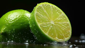 AI generated Lime Citrus Fruits. Close up shot of wet limes. Created with Generative AI photo