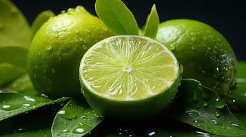AI generated Lime Citrus Fruits. Close up shot of wet limes. Created with Generative AI photo