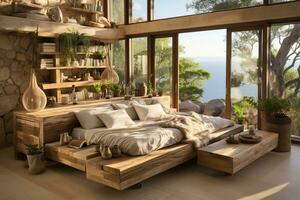 AI generated Bedroom with recycled wood elements, creating a harmonious eco-friendly space photo