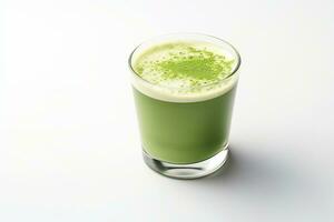 AI generated Matcha latte in a glass cup, white background photo