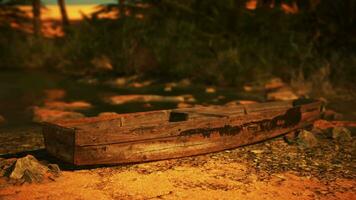 een houten boot zittend Aan top van een aarde veld- video