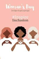 International Women s Day concept holiday card. Diverse women with heart-shaped hands stand together vector