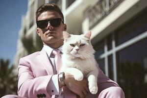 AI generated A man with his cat is wearing sunglasses, suit and standing on street. AI Generated photo