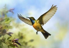 AI generated Olive backed sunbird, Yellow bellied sunbird flying in the bright sky. Generative AI photo