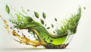 AI generated Green herbal tea wave splash with leaves flow. AI Generated photo