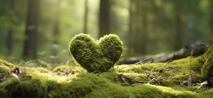 AI generated Closeup of wooden heart on moss. Natural burial grave in the woods. Generative AI photo