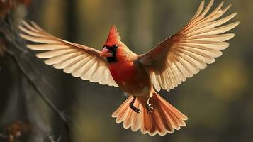 AI generated Northern Cardinal coming in for a landing. Generative AI photo