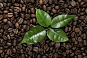 AI generated Green leaves with coffee beans as background. AI Generated photo