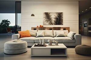 AI generated Modern living room with sofa and furniture. AI Generated photo