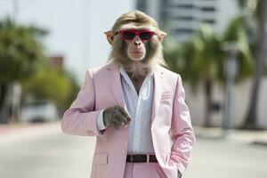 ai generado un mono es vistiendo Gafas de sol, traje y en pie en calle. ai generado foto