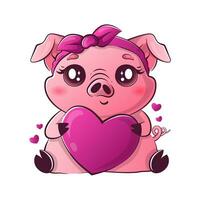 Kawaii pig holding a big heart. Cute animals for Valentine's Day. vector