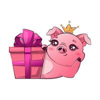 kawaii pig in a crown lies near a gift box. Simple valentines character happy farm animal vector