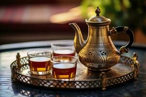 AI generated Traditional Moroccan tea set with decorative teapots, glasses, and mint leaves. Generative AI photo