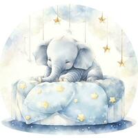 AI generated An elephant on a bed with stars and blankets around the circle. AI Generated photo