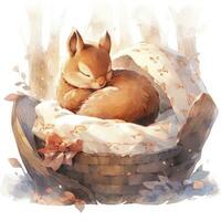 AI generated A sleepy baby squirrel in a bedding. watercolor illustration. AI Generated photo