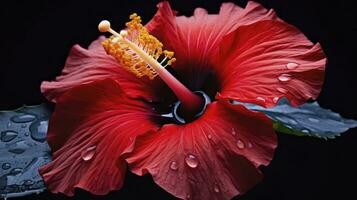 ai generado un hibisco flor con un negro fondo.ai generado. foto