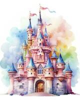 AI generated Colorful watercolor kawaii castle isolated on white background. AI Generated photo