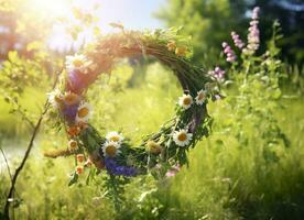 AI generated Rustic wildflowers wreath on a sunny meadow. Summer Solstice Day, Midsummer concept. Generative AI photo