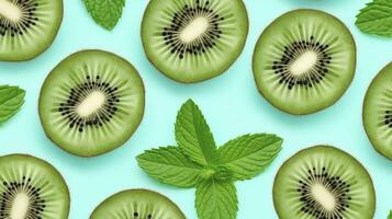 AI generated Slices of kiwi fruit and green mint leaves on a light pastel blue background. AI Generated photo