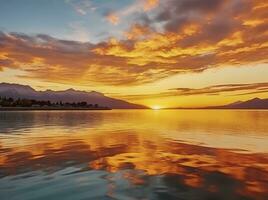 ai generado brillante puesta de sol terminado lago dorado nubes reflejar en el agua. ai generado. foto