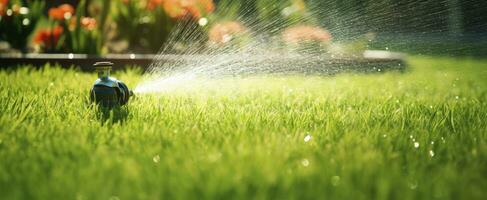 AI generated Automatic garden lawn sprinkler in action watering grass. AI Generated photo