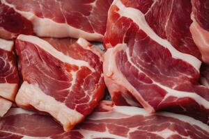 AI generated Macro shot of pork meat. Meat textured background. Beef steak is raw and juicy. AI Generated photo