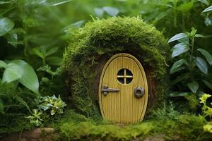 AI generated Little magic wooden fairy doors and plants leave on a mossy natural green background. AI Generated photo