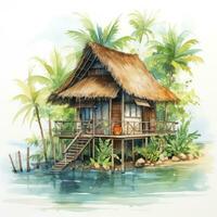 AI generated A watercolored bright serene image of a traditional bahay kubo. AI Generated photo