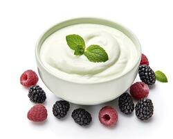 AI generated Green bowl of greek yogurt and fresh berries isolated on white background. AI Generated photo