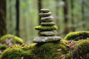 AI generated Pyramid stones balance on old mossy fallen tree. AI Generated photo