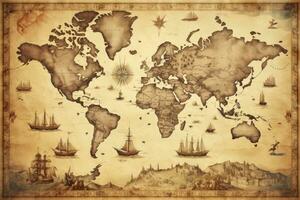 AI generated Great detailed illustration of the world map in vintage style. AI Generated photo