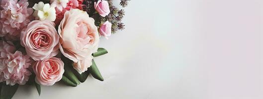 AI generated Fresh bunch of pink peonies and roses with copy space. AI Generated photo