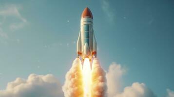 AI generated A small rocket takes off from a Laptop with vibrant color combinations in light sky blue and light gray colors for a website, business, and financial success concepts.  AI Generative photo