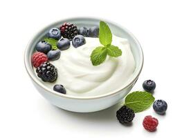 AI generated Green bowl of greek yogurt and fresh berries isolated on white background. AI Generated photo