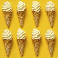 AI generated Ice Cream pattern on yellow background, top view. AI Generated photo