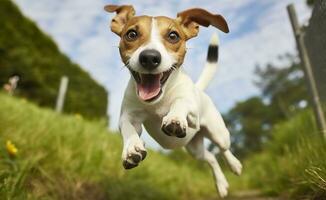AI generated Jack Russel Parson Dog Run Toward The Camera Low Angle High Speed Shot. AI Generated photo