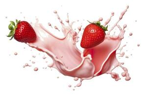 AI generated milk or yogurt splash with strawberries isolated on white background, 3d rendering. AI Generated photo