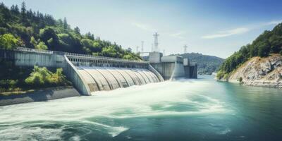 ai generado hidroeléctrico represa generando verde energía desde fluido agua. ai generado. foto