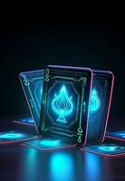 AI generated Some playing cards with glowing neon designs on a tablet. Generative AI photo