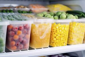 AI generated Frozen food in the freezer. Frozen vegetables. AI Generated photo