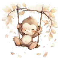 AI generated Cute happy baby monkey on swings on a tree in watercolor. AI Generated photo