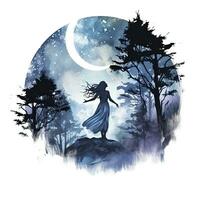 AI generated Forest moon silhouette with fairy shining in the night sky on a white background. AI Generated photo