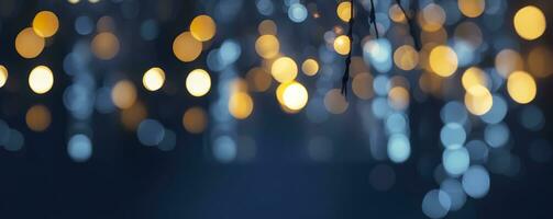 ai generado fiesta iluminación y decoración concepto, Navidad guirnalda bokeh luces terminado oscuro azul antecedentes. ai generado foto