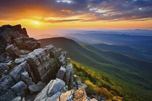 ai generado puesta de sol en pedregoso hombre montaña. ai generado foto