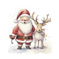 AI generated Cute Santa Claus standing with reindeer. AI Generated photo