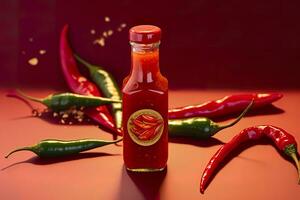 AI generated Tabasco hot pepper sauce with red chili pepper, flat lay. Generative AI photo