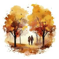 ai generado acuarela otoño paisaje con un Pareja caminando. ai generado foto