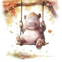 AI generated Cute happy baby rhino on swings in the tree in watercolor style. AI Generated photo